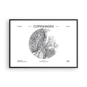 Póster en marco negro - Un mapa de Copenhague en un estilo minimalista en blanco y negro. - 100x70cm - Anatomía de Copenhague - Decoración de pared moderna para salón y dormitorio ARTTOR