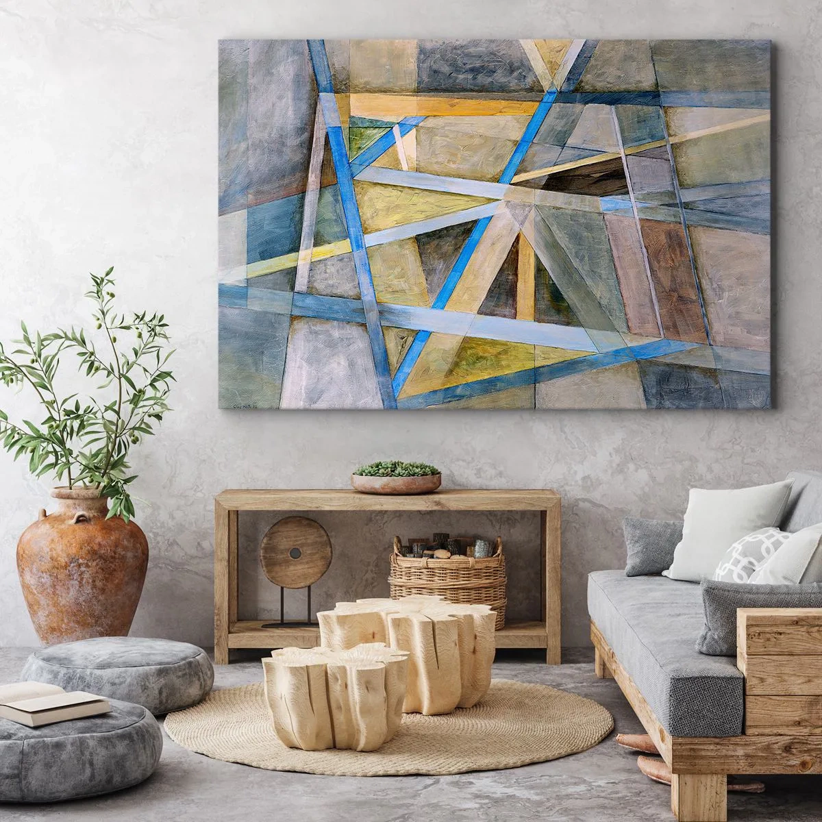 Cuadro sobre lienzo - Impresión de Imagen - Composición geométrica con líneas claras y azules. - 70x50cm - ¿Recto o inclinado? - Decoración de pared moderna para salón y dormitorio ARTTOR