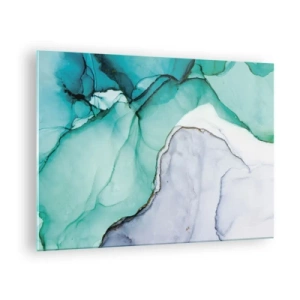 Cuadro sobre vidrio - Impresiones sobre Vidrio - Un cuadro abstracto en tonos turquesa y blanco, con delicadas grietas. - 70x50cm - Estudio en turquesa - Decoración de pared moderna para salón y dormitorio ARTTOR