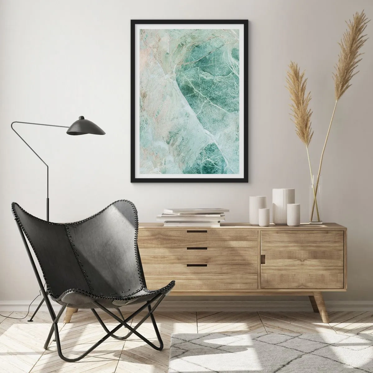 Póster en marco negro - Estructura de mármol verde con delicadas vetas blancas. - 50x70cm - El noble frescor de la piedra - Decoración de pared moderna para salón y dormitorio ARTTOR