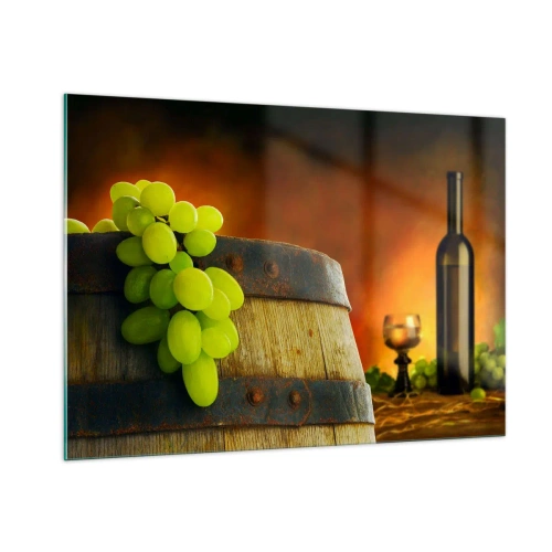 Cuadro sobre vidrio - Impresiones sobre Vidrio - Uvas en un barril en un entorno rústico con vino de fondo. - 100x70cm - Bodegón con botella de vino y racimo de uvas - Decoración de pared moderna para salón y dormitorio ARTTOR