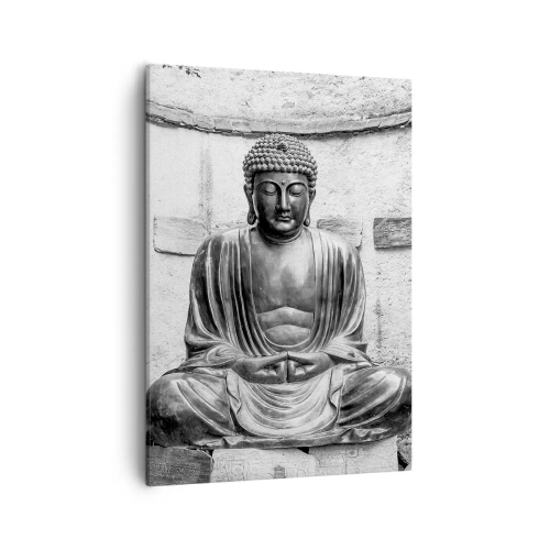 Cuadro sobre lienzo - Impresión de Imagen - Estatua de Buda en blanco y negro en pose meditativa. - 50x70cm - En la fuente de la paz - Decoración de pared moderna para salón y dormitorio ARTTOR