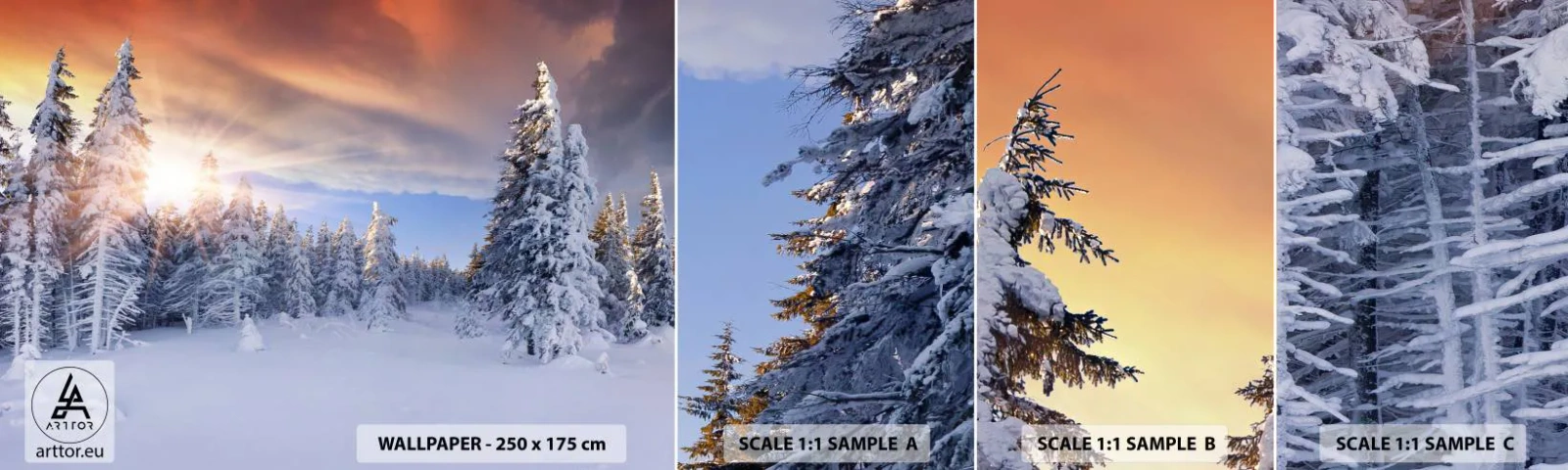 Muestra de fotomural autoadhesivo Deluxe Sticker - Un espectáculo de naturaleza nevada - Paisaje, Bosque, Invierno - 100x30 cm