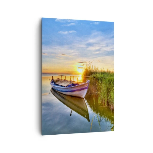 Cuadro sobre lienzo - Impresión de Imagen - Un barco en una bahía tranquila al atardecer. - 70x100cm - Sueños cumplidos - Decoración de pared moderna para salón y dormitorio ARTTOR