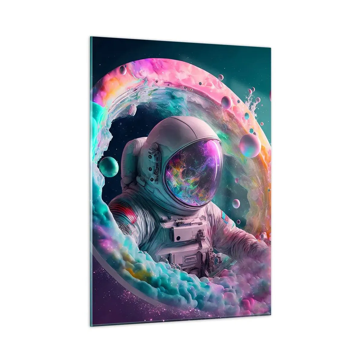 Cuadro sobre vidrio - Impresiones sobre Vidrio - Astronauta en el espacio colorido - 50x70cm - Puerta estelar - Decoración de pared moderna para salón y dormitorio ARTTOR