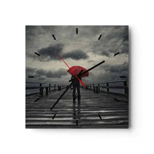 Reloj de pared - Reloj de vidrio - Una persona con un paraguas rojo en un muelle lluvioso. - 30x30cm - No importa que llueva - Decoración de pared moderna para salón y dormitorio ARTTOR