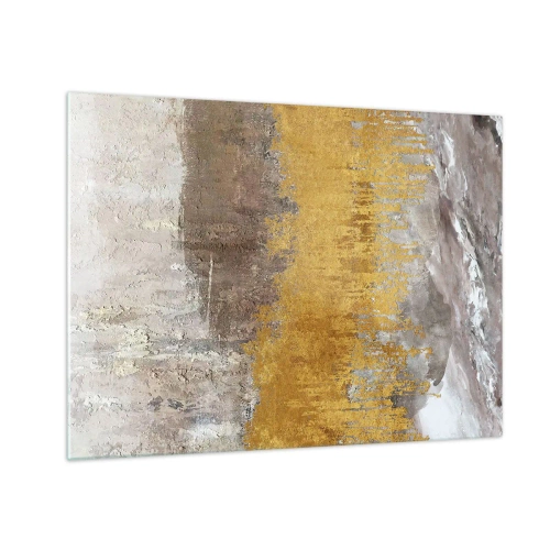 Cuadro sobre vidrio - Impresiones sobre Vidrio - Las estructuras doradas y terrosas crean una abstracción dinámica. - 70x50cm - Una ráfaga dorada - Decoración de pared moderna para salón y dormitorio ARTTOR