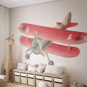 Fotomural Premium Sand - Biplano retro rojo sobre fondo blanco - 100x70cm - Listo para surcar los cielos - Decoración de pared moderna para salón y dormitorio ARTTOR