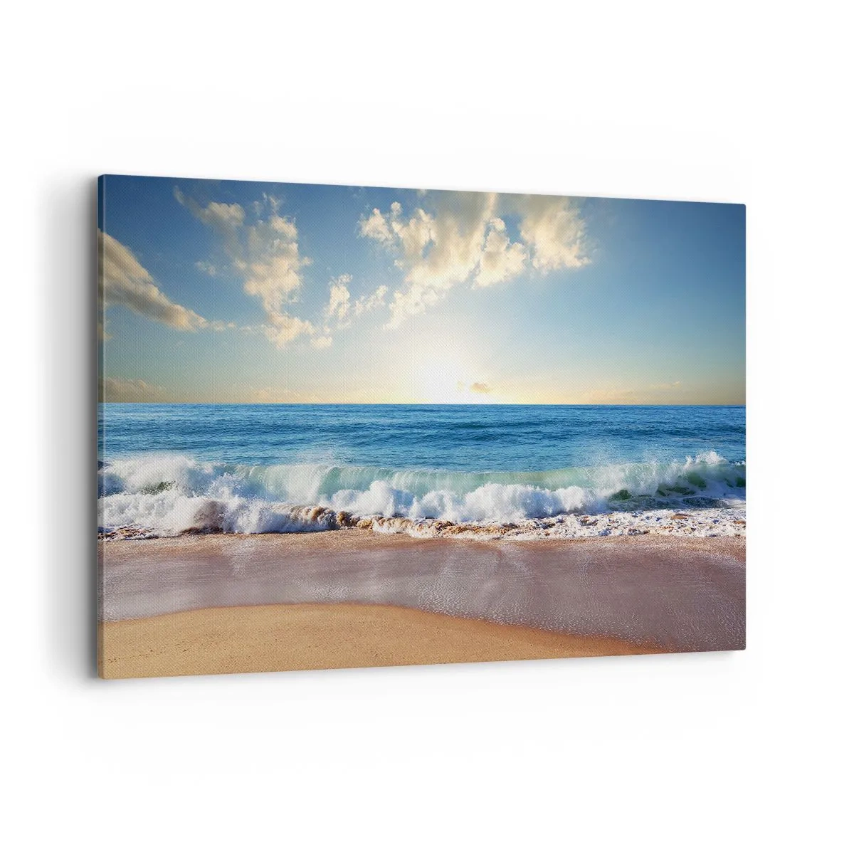 Cuadro sobre lienzo - Impresión de Imagen - Una playa soleada con olas rompiendo en la orilla. - 120x80cm - Movimiento y quietud al mismo tiempo - Decoración de pared moderna para salón y dormitorio ARTTOR