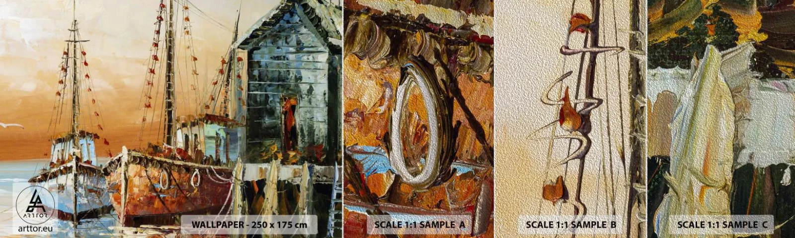 Muestra de fotomural Premium Sand - Regreso pacífico - Barco de pesca, Puerto pesquero, Pedazo - 100x30 cm