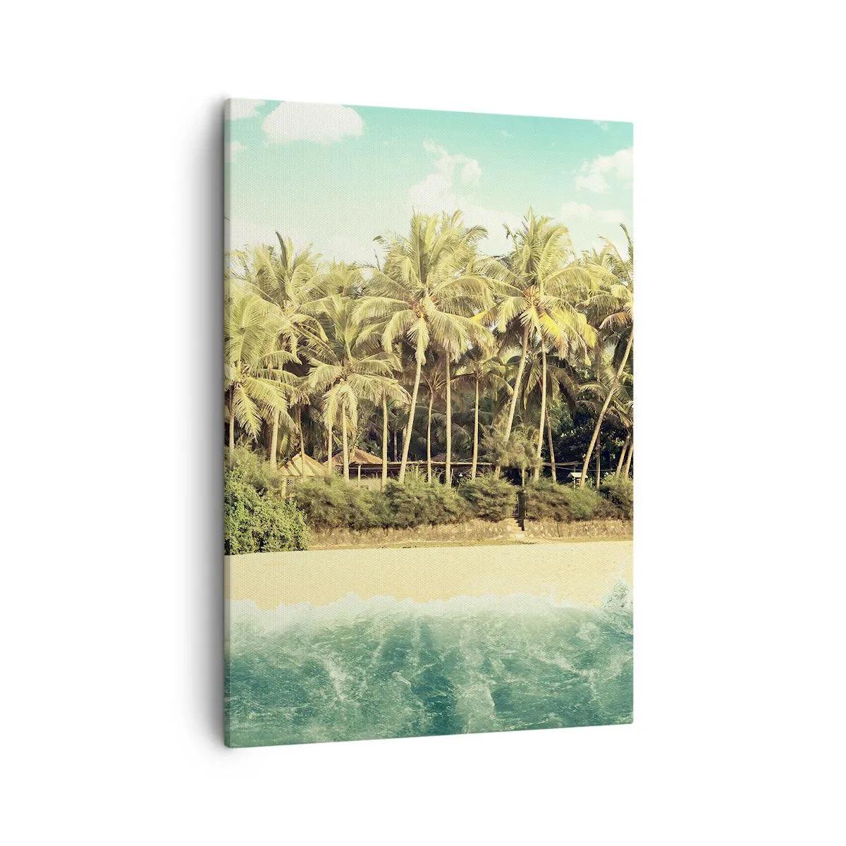 Cuadro sobre lienzo - Impresión de Imagen - Playa tropical con palmeras y mar turquesa. - 50x70cm - ¿Qué tal aquí? - Decoración de pared moderna para salón y dormitorio ARTTOR