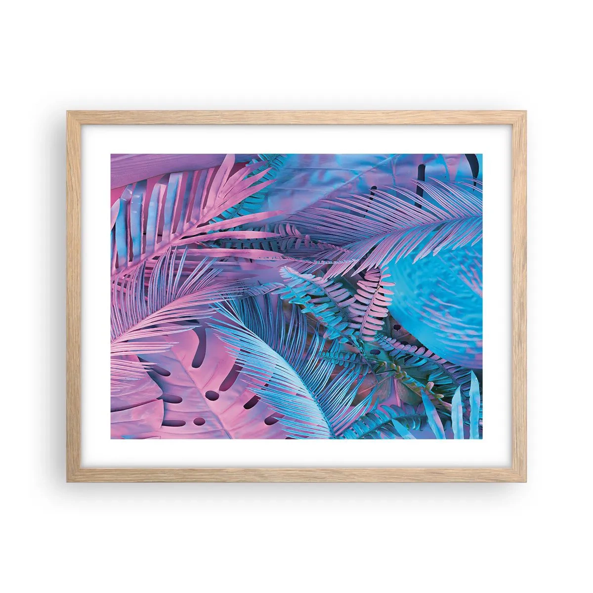 Póster en marco roble claro - Trópicos en rosa y azul - 50x40 cm