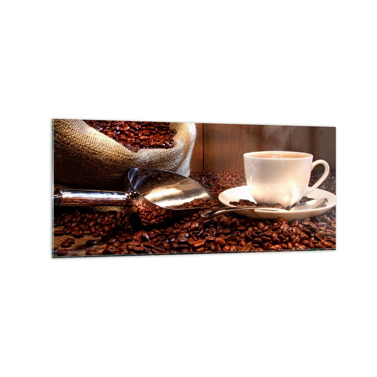 Cuadro sobre vidrio - Impresiones sobre Vidrio - Una taza de café con granos de café y una bolsa de granos al fondo. - 120x50cm - ¿Hueles eso? - Decoración de pared moderna para salón y dormitorio ARTTOR