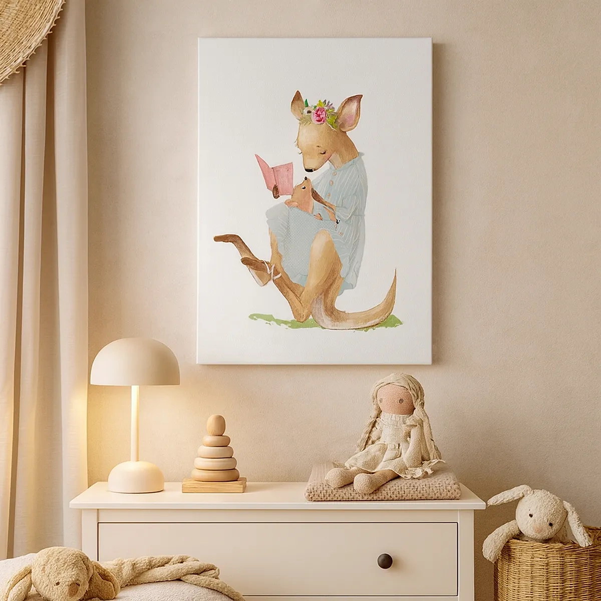 Cuadro sobre lienzo - Impresión de Imagen - Kanga leyendo un libro con un bebé - 50x70cm - Léeme un cuento, mamá - Decoración de pared moderna para salón y dormitorio ARTTOR