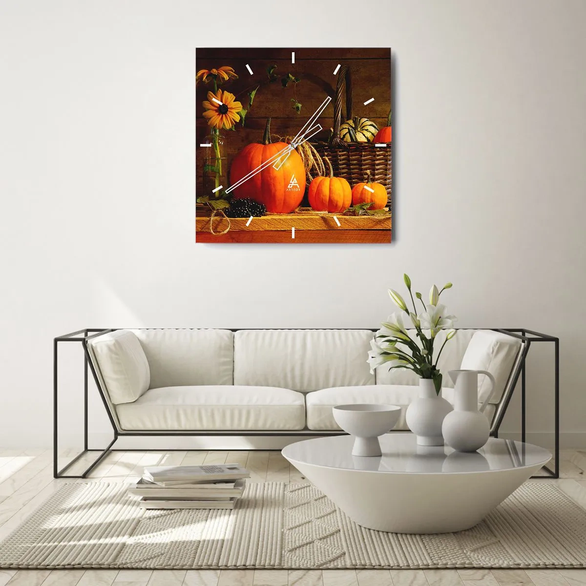 Reloj de pared - Reloj de vidrio - Composición otoñal con calabazas y flores sobre un fondo de madera. - 30x30cm - Composición rústica - regalos de otoño - Decoración de pared moderna para salón y dormitorio ARTTOR