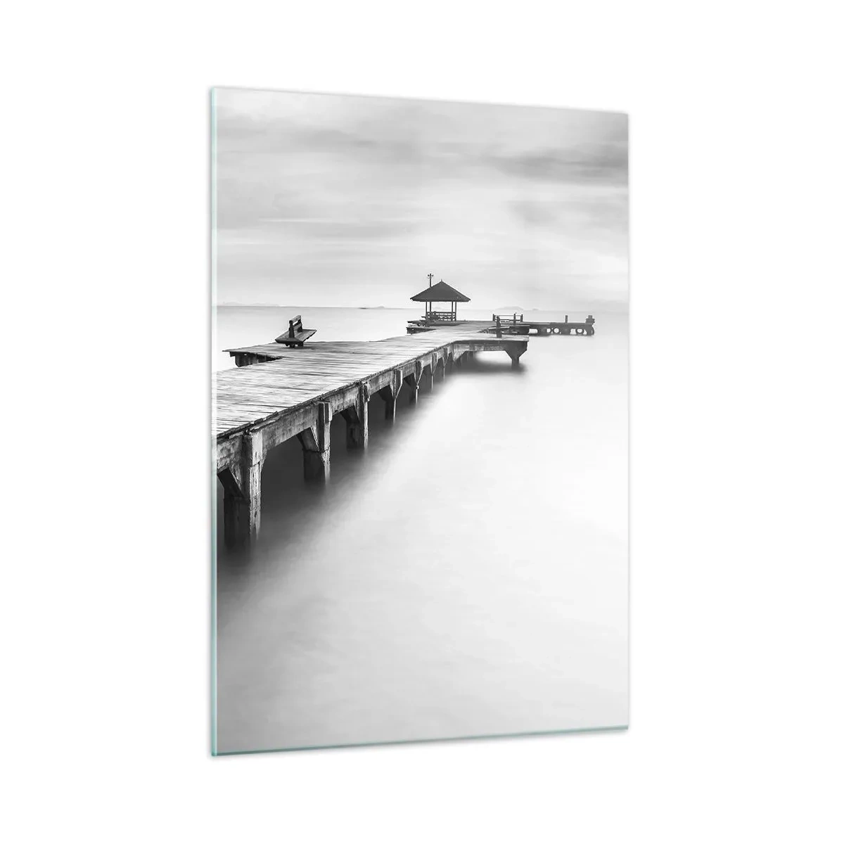 Cuadro sobre vidrio - Impresiones sobre Vidrio - Muelle de madera en blanco y negro con vistas al lago. - 50x70cm - Lejos - Decoración de pared moderna para salón y dormitorio ARTTOR