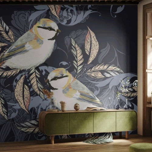 Fotomural Standard Eco - Ilustración de pájaros sobre un fondo oscuro con adornos. - 100x70cm - En la copa del árbol - Decoración de pared moderna para salón y dormitorio ARTTOR