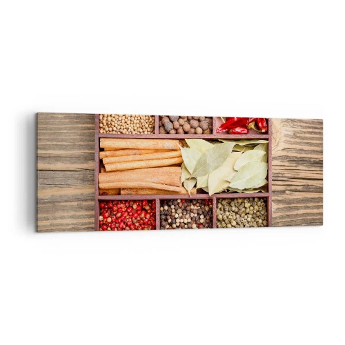 Cuadro sobre lienzo - Impresión de Imagen - Caja de madera con varias especias en compartimentos. - 140x50cm - Orden de formas, composición de aromas - Decoración de pared moderna para salón y dormitorio ARTTOR