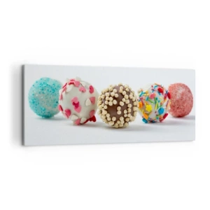 Cuadro sobre lienzo - Impresión de Imagen - Bombones coloridos con decoraciones sobre un fondo blanco. - 120x50cm - La vida puede ser dulce - Decoración de pared moderna para salón y dormitorio ARTTOR