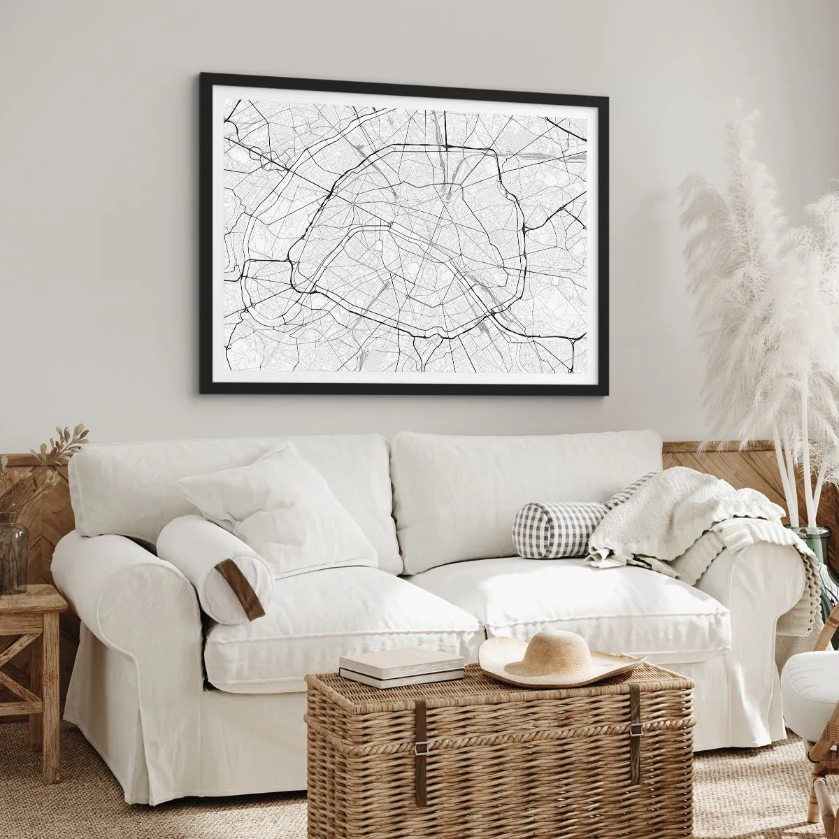 Póster en marco negro - Mapa minimalista de la ciudad en blanco y negro - 70x50cm - Flor de París - Decoración de pared moderna para salón y dormitorio ARTTOR