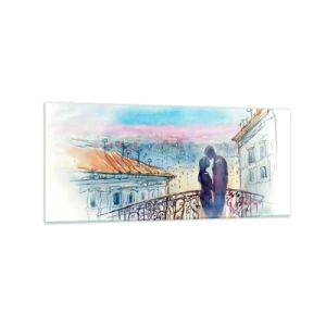 Cuadro sobre vidrio - Impresiones sobre Vidrio - Pareja romántica en un balcón con vistas a la ciudad. - 120x50cm - Los amantes de París - Decoración de pared moderna para salón y dormitorio ARTTOR