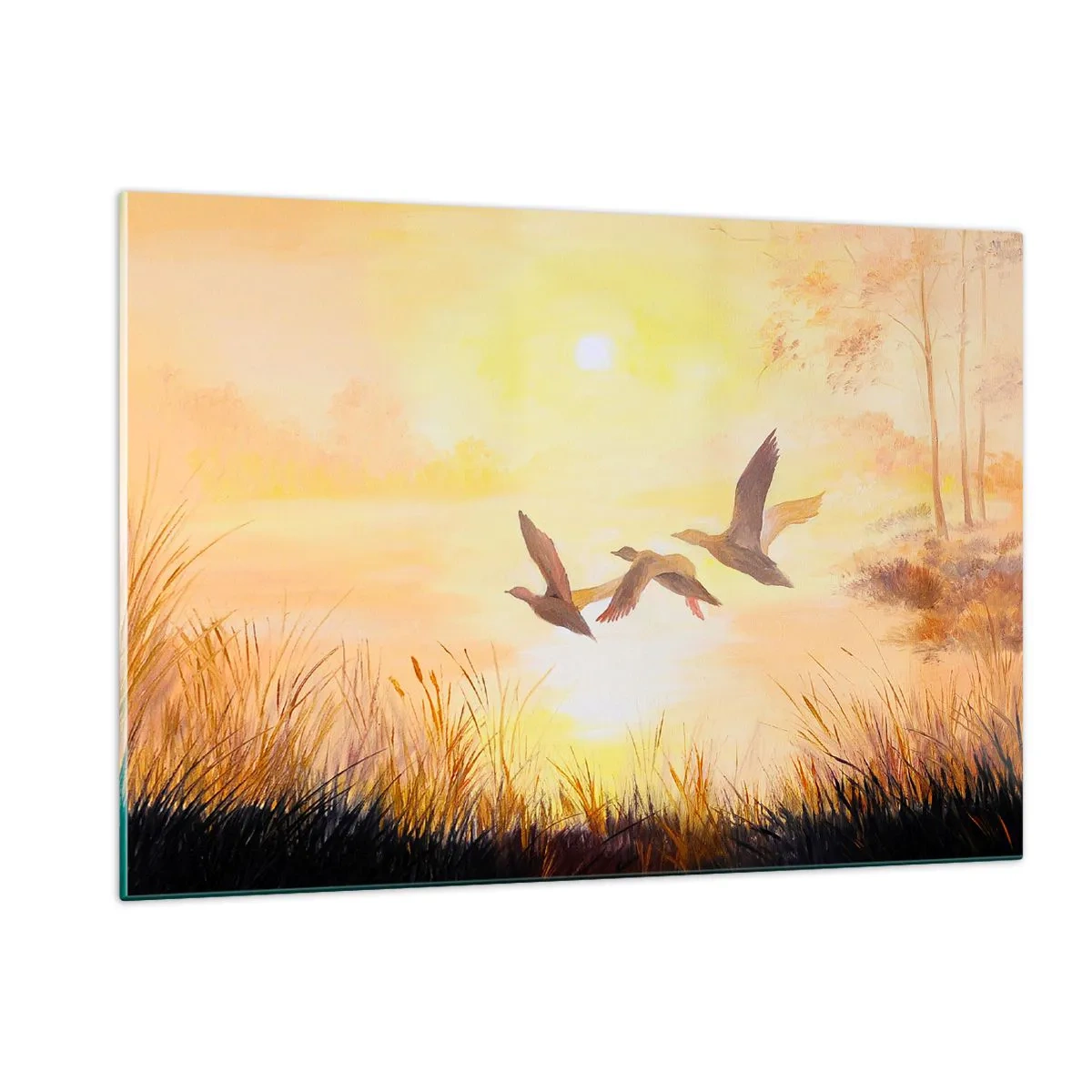 Cuadro sobre vidrio - Impresiones sobre Vidrio - Tres patos volando sobre un lago al amanecer - 120x80cm - El comienzo de un largo viaje - Decoración de pared moderna para salón y dormitorio ARTTOR