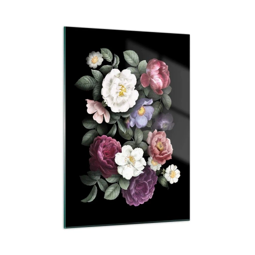 Cuadro sobre vidrio - Impresiones sobre Vidrio - Composición floral con peonías sobre fondo negro. - 50x70cm - De un jardín inglés - Decoración de pared moderna para salón y dormitorio ARTTOR