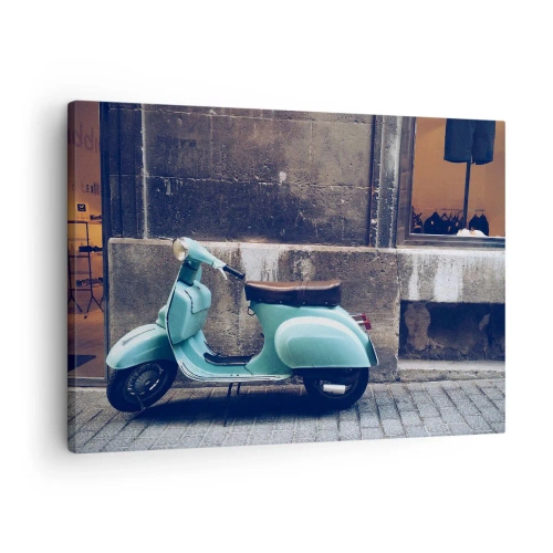 Cuadro sobre lienzo - Impresión de Imagen - Un scooter retro estacionado contra un muro de piedra. - 70x50cm - Momentos inolvidables - Decoración de pared moderna para salón y dormitorio ARTTOR