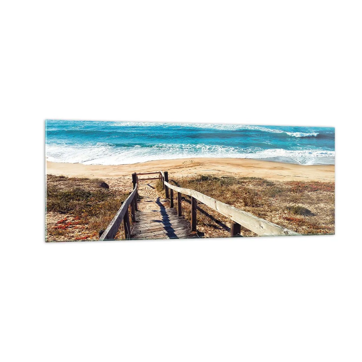Cuadro sobre vidrio - Impresiones sobre Vidrio - Camino de madera que conduce a la playa. - 140x50cm - ¡Corre! - Decoración de pared moderna para salón y dormitorio ARTTOR