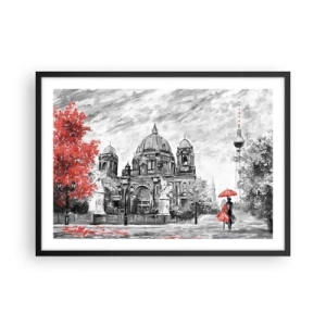 Póster en marco negro - Escena en blanco y negro con Berlín, un paraguas rojo y un árbol. - 70x50cm - Reunión en Berlín - Decoración de pared moderna para salón y dormitorio ARTTOR