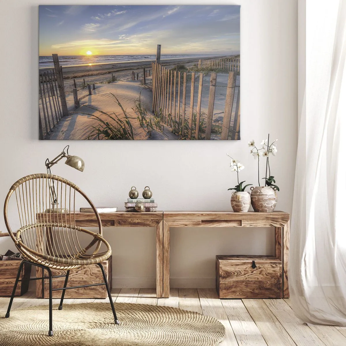 Cuadro sobre lienzo - Impresión de Imagen - Playa al atardecer con valla de madera - 70x50cm - El resplandor y la sombra del viento - Decoración de pared moderna para salón y dormitorio ARTTOR