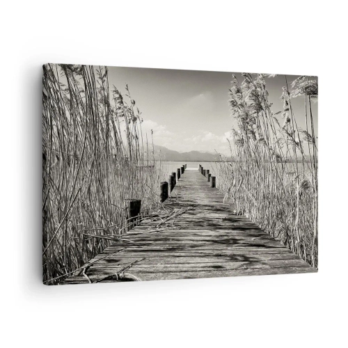 Cuadro sobre lienzo - Impresión de Imagen - Un embarcadero de madera entre hierbas altas sobre un lago de tonos sepia. - 70x50cm - En la quietud de los juncos - Decoración de pared moderna para salón y dormitorio ARTTOR