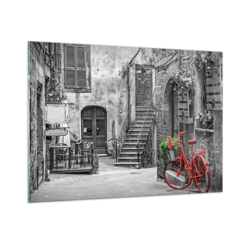 Cuadro sobre vidrio - Impresiones sobre Vidrio - Calle en blanco y negro con una bicicleta roja. - 100x70cm - Callejón de la Toscana - Decoración de pared moderna para salón y dormitorio ARTTOR
