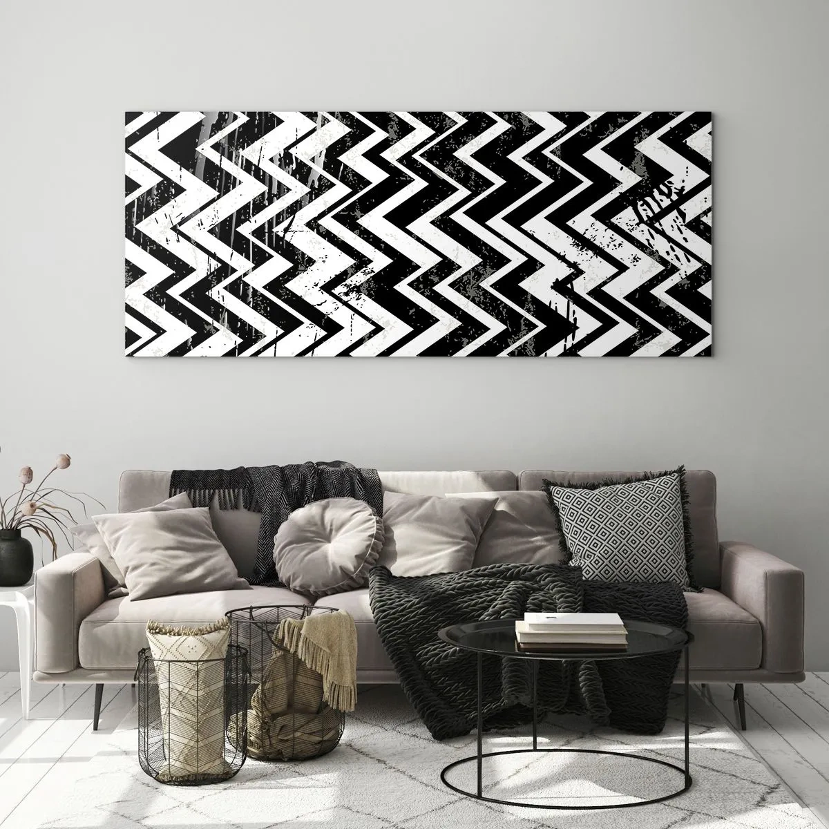 Cuadro sobre vidrio - Impresiones sobre Vidrio - Patrón en zigzag en blanco y negro con abrasiones artísticas - 160x50cm - Zig-blanco, zag-negro - Decoración de pared moderna para salón y dormitorio ARTTOR