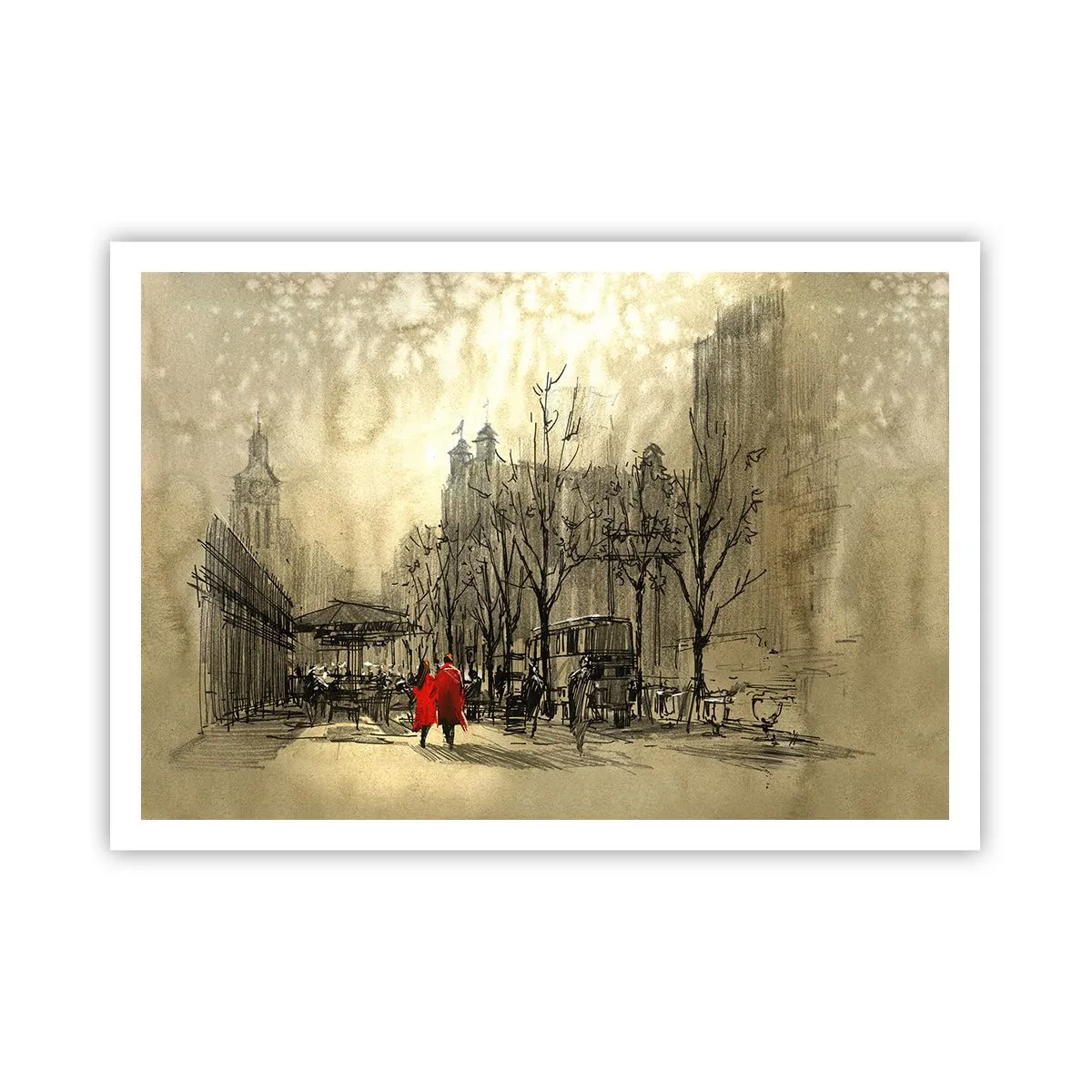 Póster - Una figura roja en un entorno urbano nostálgico - 100x70cm - Cita en la niebla de Londres - Decoración de pared moderna para salón y dormitorio ARTTOR