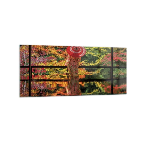Cuadro sobre vidrio - Impresiones sobre Vidrio - Una mujer con un kimono y un paraguas con el telón de fondo de un paisaje otoñal. - 120x50cm - En un templo de la naturaleza - Decoración de pared moderna para salón y dormitorio ARTTOR
