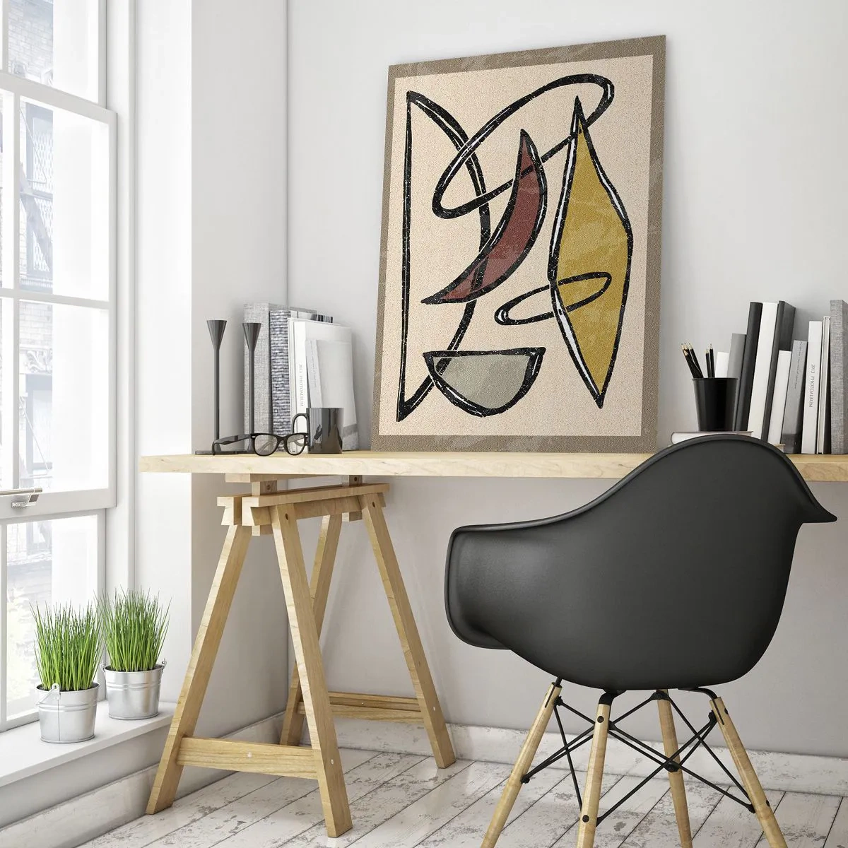 Cuadro sobre vidrio - Impresiones sobre Vidrio - Abstracción geométrica en amarillo y rojo. - 50x70cm - Verticales y niveles - Decoración de pared moderna para salón y dormitorio ARTTOR