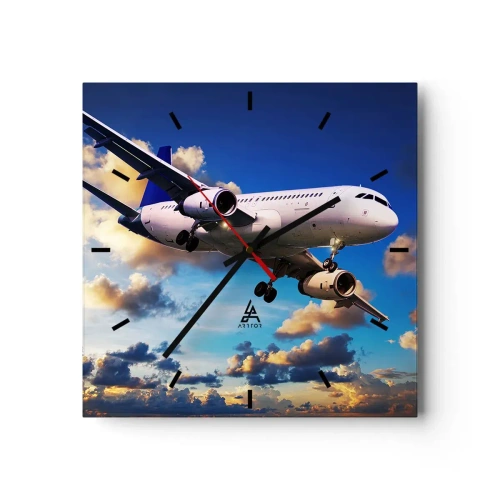 Reloj de pared - Reloj de vidrio - Un avión de pasajeros contra las nubes al atardecer. - 30x30cm - Un viaje en blanco y azul - Decoración de pared moderna para salón y dormitorio ARTTOR