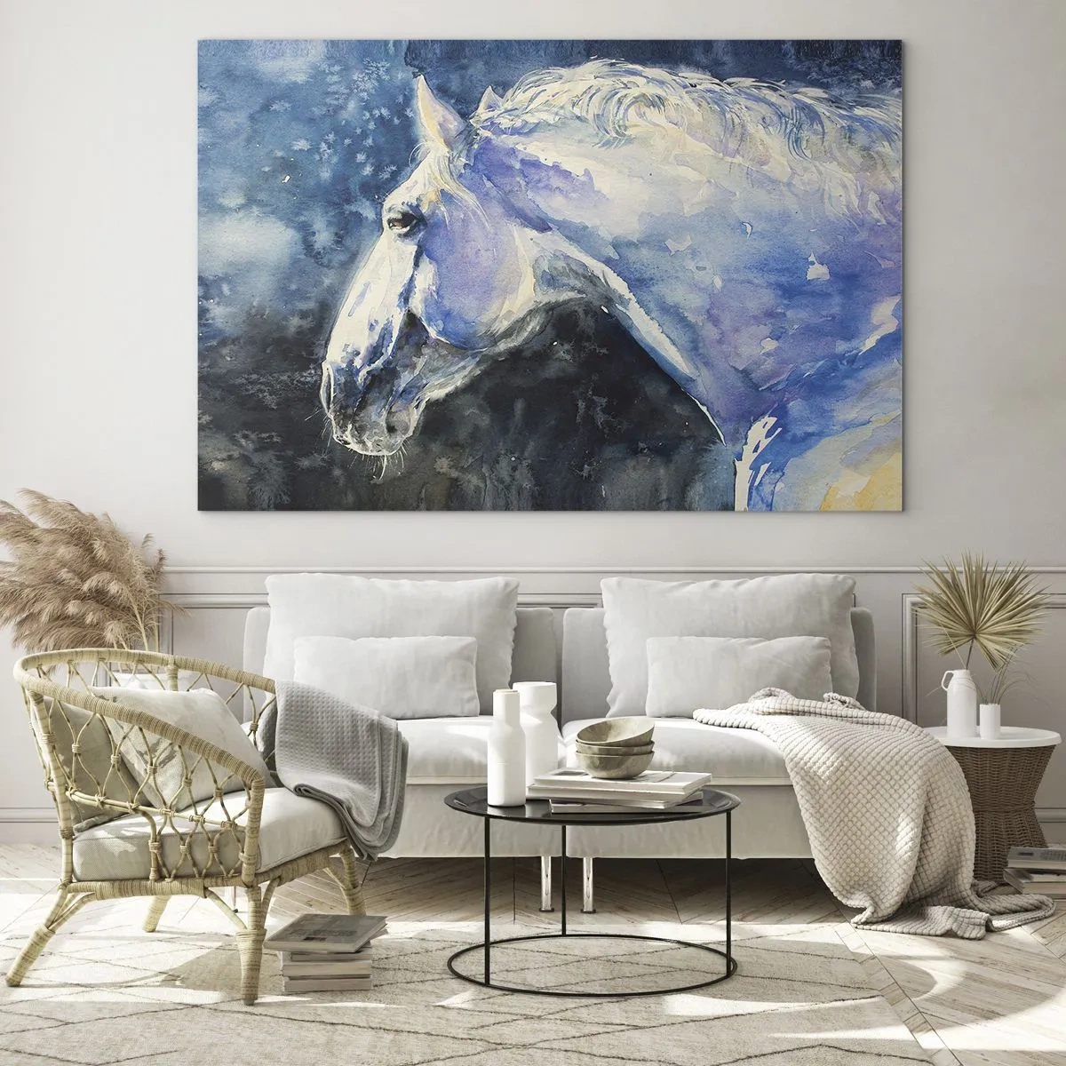 Cuadro sobre vidrio - Impresiones sobre Vidrio - Retrato en acuarela de un caballo en tonos azules. - 70x50cm - Retrato en un resplandor azul - Decoración de pared moderna para salón y dormitorio ARTTOR