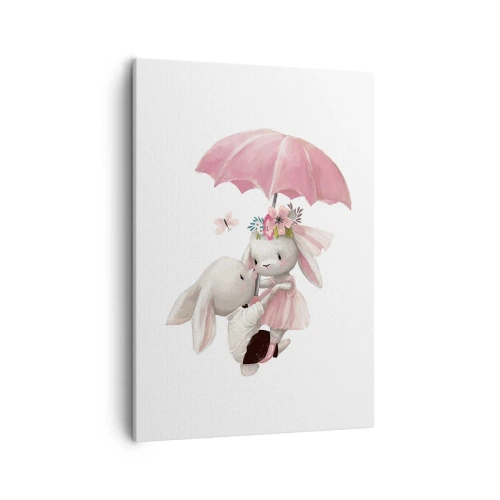 Cuadro sobre lienzo - Impresión de Imagen - Lindos conejitos bajo una sombrilla rosa - 50x70cm - Esto es amor - Decoración de pared moderna para salón y dormitorio ARTTOR
