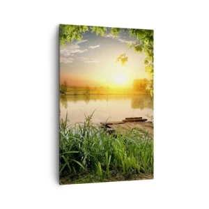 Cuadro sobre lienzo - Impresión de Imagen - Paisaje verde con un lago al atardecer - 80x120cm - Paisaje en un marco verde - Decoración de pared moderna para salón y dormitorio ARTTOR