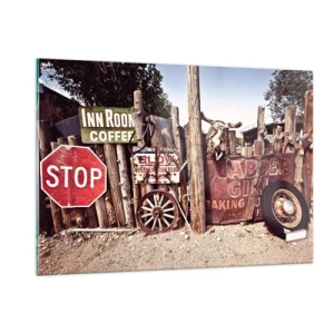 Cuadro sobre vidrio - Impresiones sobre Vidrio - Valla de madera con carteles y ruedas vintage - 120x80cm - Y el tiempo se detuvo - Decoración de pared moderna para salón y dormitorio ARTTOR