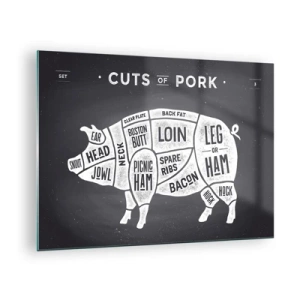 Cuadro sobre vidrio - Impresiones sobre Vidrio - Diagrama de cortes de cerdo en una pizarra - 70x50cm - Manual del carnicero - Decoración de pared moderna para salón y dormitorio ARTTOR