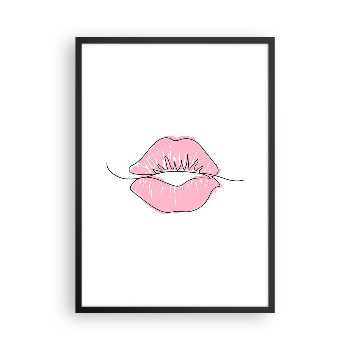 Póster en marco negro - Ilustración minimalista de labios rosados sobre un fondo blanco. - 50x70cm - ¿Listo para un beso? - Decoración de pared moderna para salón y dormitorio ARTTOR