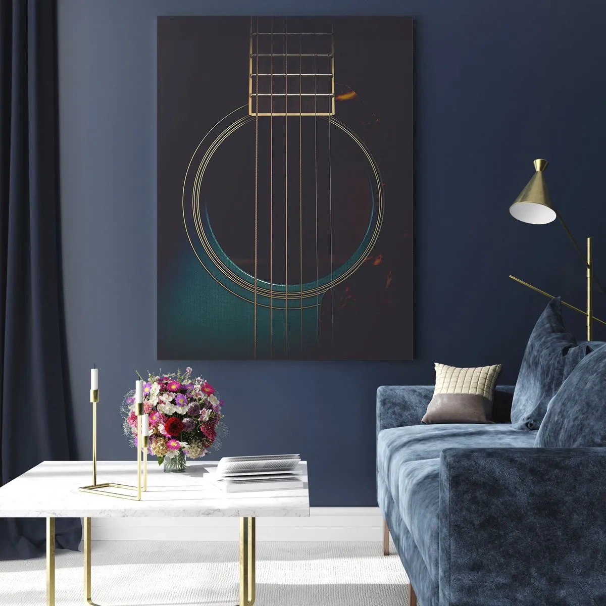 Cuadro sobre vidrio - Impresiones sobre Vidrio - Guitarra acústica en luz oscura y elegante. - 80x120cm - Un momento antes de que suene - Decoración de pared moderna para salón y dormitorio ARTTOR