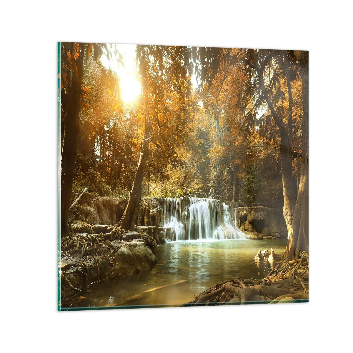 Cuadro sobre vidrio - Impresiones sobre Vidrio - Una cascada en el parque - 40x40 cm