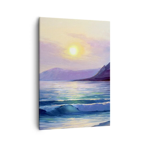 Cuadro sobre lienzo - Impresión de Imagen - Un pintoresco paisaje marino al atardecer con olas y montañas. - 50x70cm - Cristal de agua y aire - Decoración de pared moderna para salón y dormitorio ARTTOR