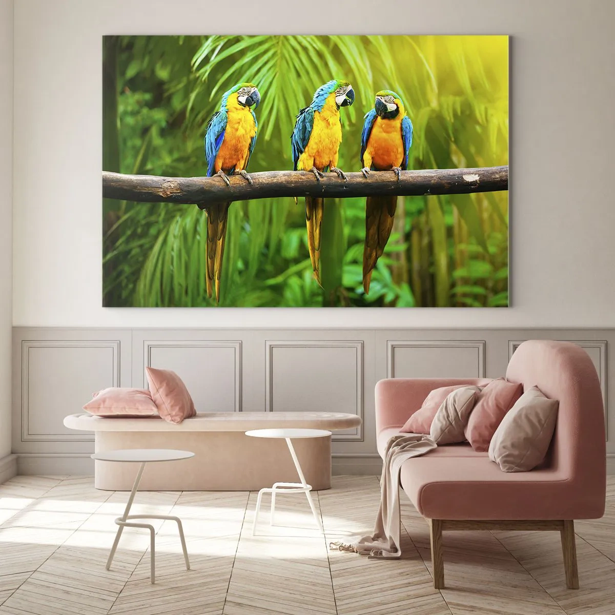 Cuadro sobre vidrio - Impresiones sobre Vidrio - Tres loros guacamayos en una rama en un bosque tropical - 120x80cm - ¿Y has oído que ella...? - Decoración de pared moderna para salón y dormitorio ARTTOR