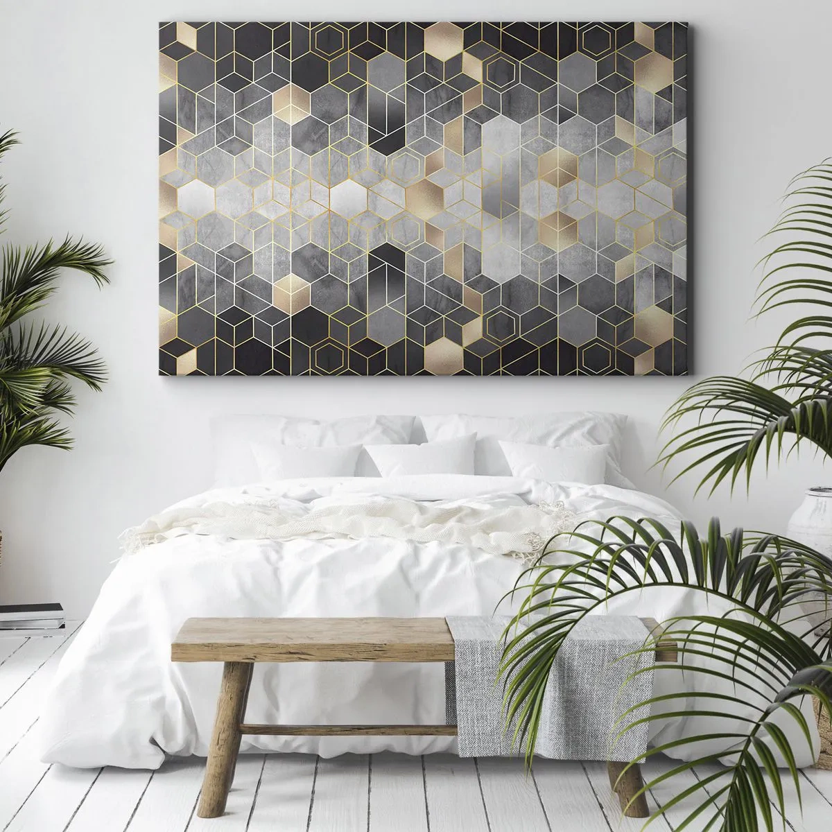 Cuadro sobre lienzo - Impresión de Imagen - Patrón geométrico en tonos dorados - 70x50cm - Composición de diamantes - Decoración de pared moderna para salón y dormitorio ARTTOR