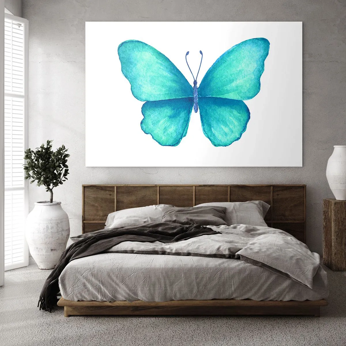 Cuadro sobre vidrio - Impresiones sobre Vidrio - Mariposa azul en estilo acuarela sobre fondo blanco - 100x70cm - Turquesa por naturaleza - Decoración de pared moderna para salón y dormitorio ARTTOR